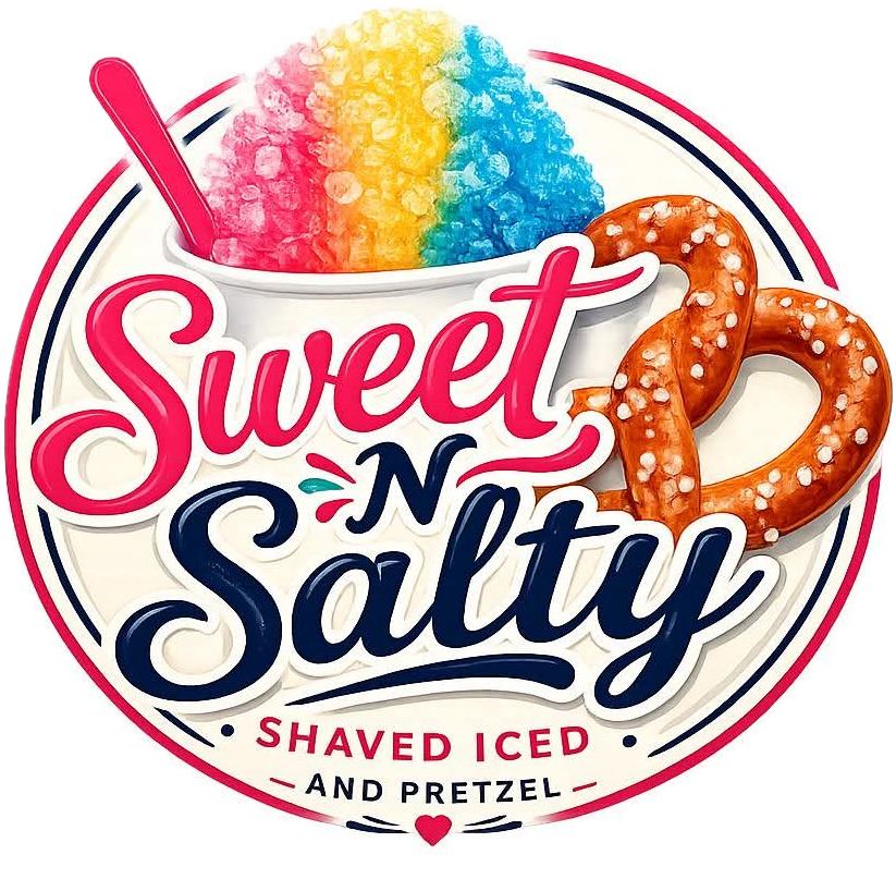 Sweet 'N Salty logo: rainbow shaved ice and a salted pretzel in a circular badge